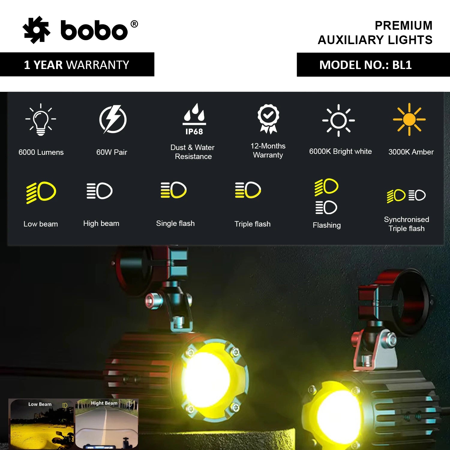 BOBO BL1 Auxiliary LED Lights with Dual Colour & 6000 Lumens