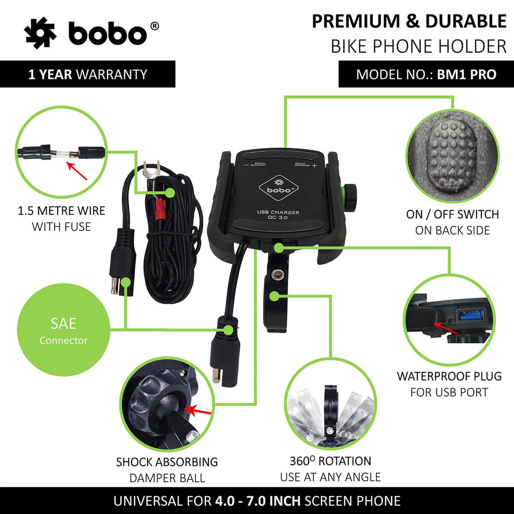 BOBO BM1 PRO Phone Holder with USB 3.0 Charger & SAE Connector