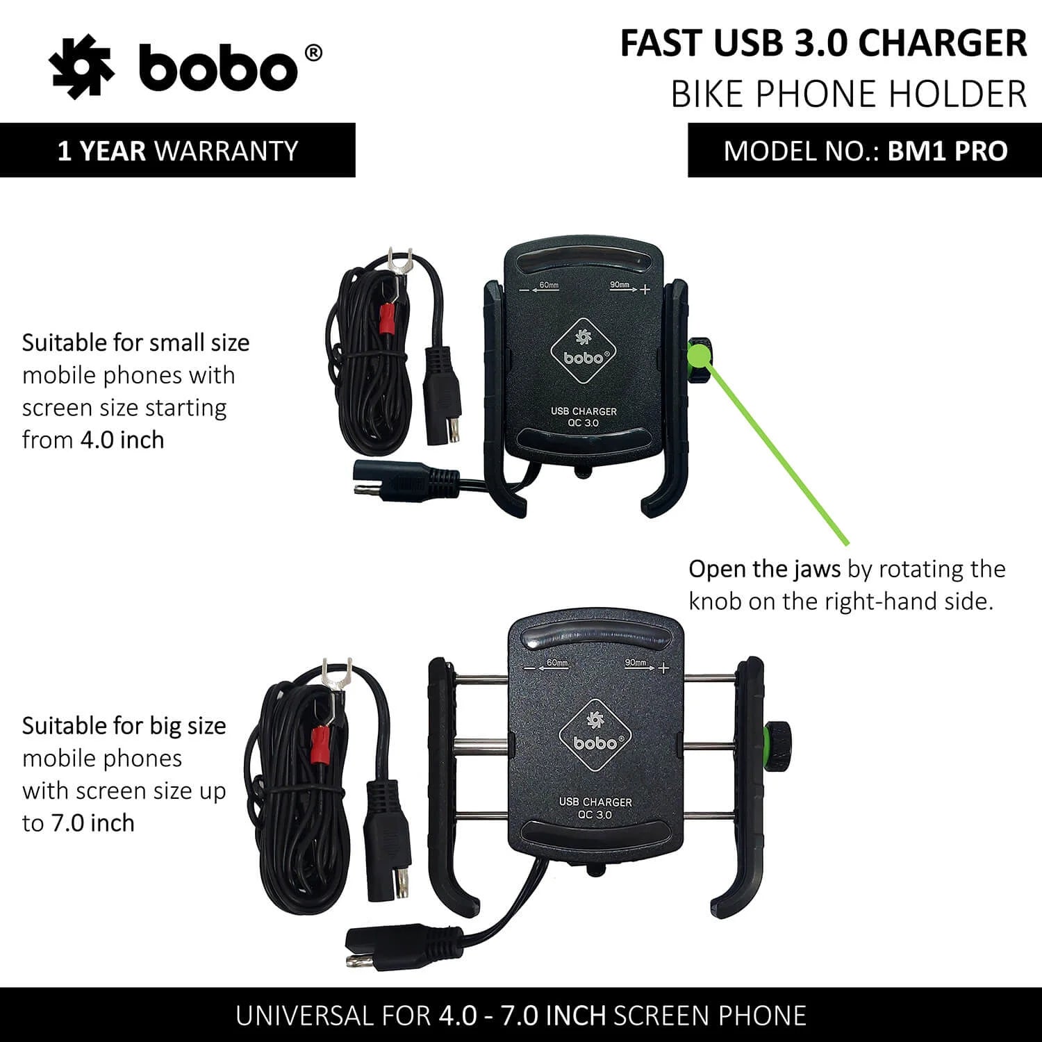 BOBO BM1 PRO Phone Holder with USB 3.0 Charger & SAE Connector