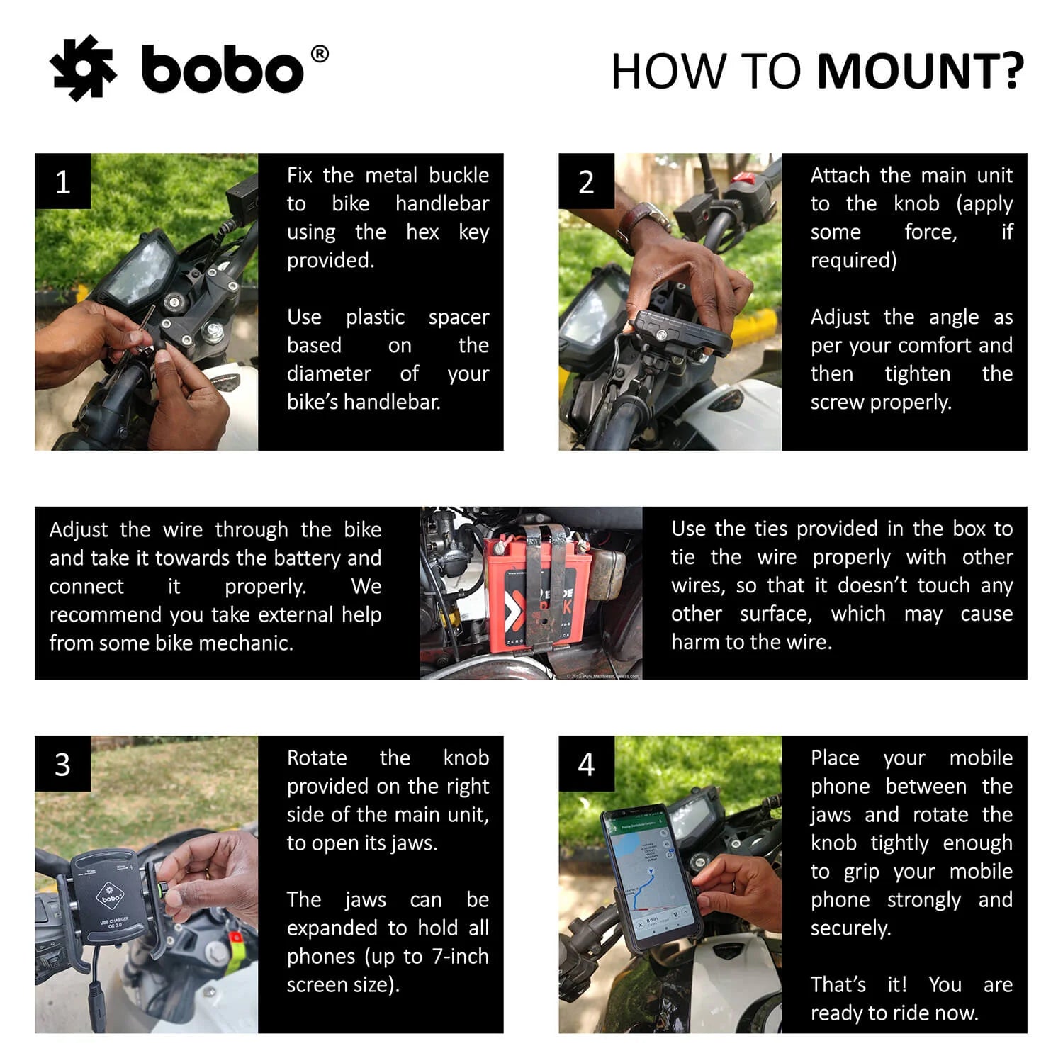 BOBO BM1 PRO Phone Holder with USB 3.0 Charger & SAE Connector
