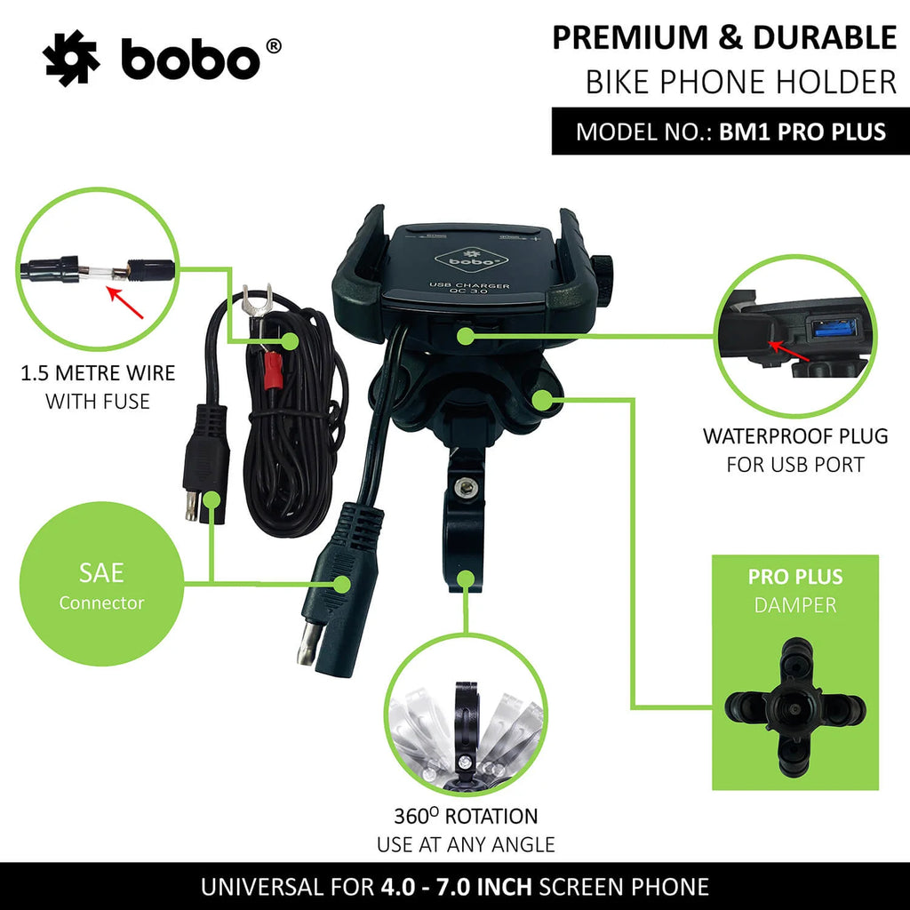 BOBO BM1 PRO PLUS Phone Holder with Vibration Damper & USB 3.0 Charger