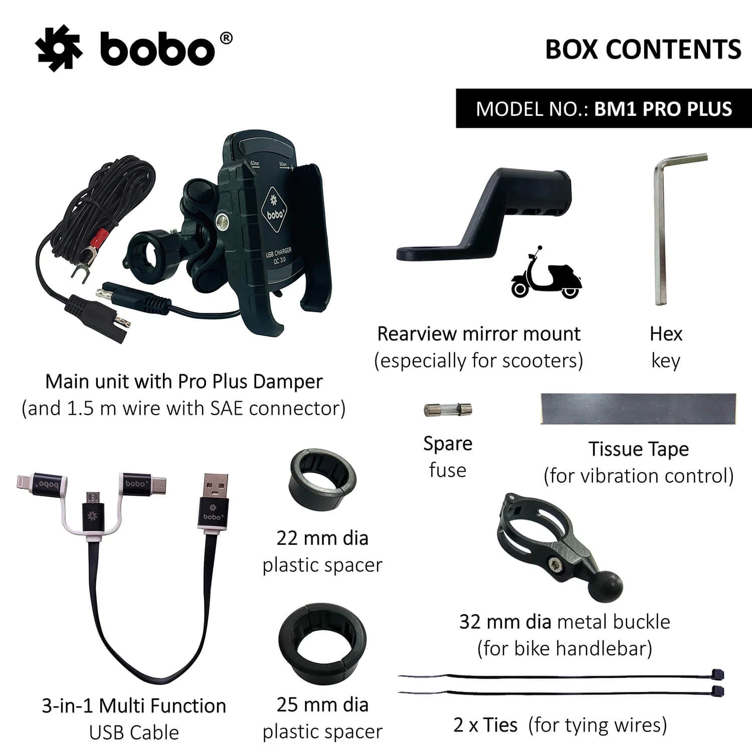 BOBO BM1 PRO PLUS Phone Holder with Vibration Damper & USB 3.0 Charger