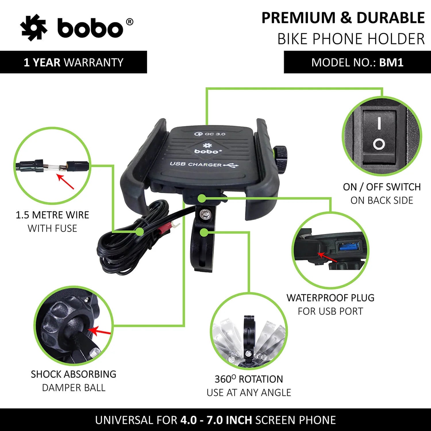 BOBO BM1 Phone Mount with USB 3.0 Fast charger