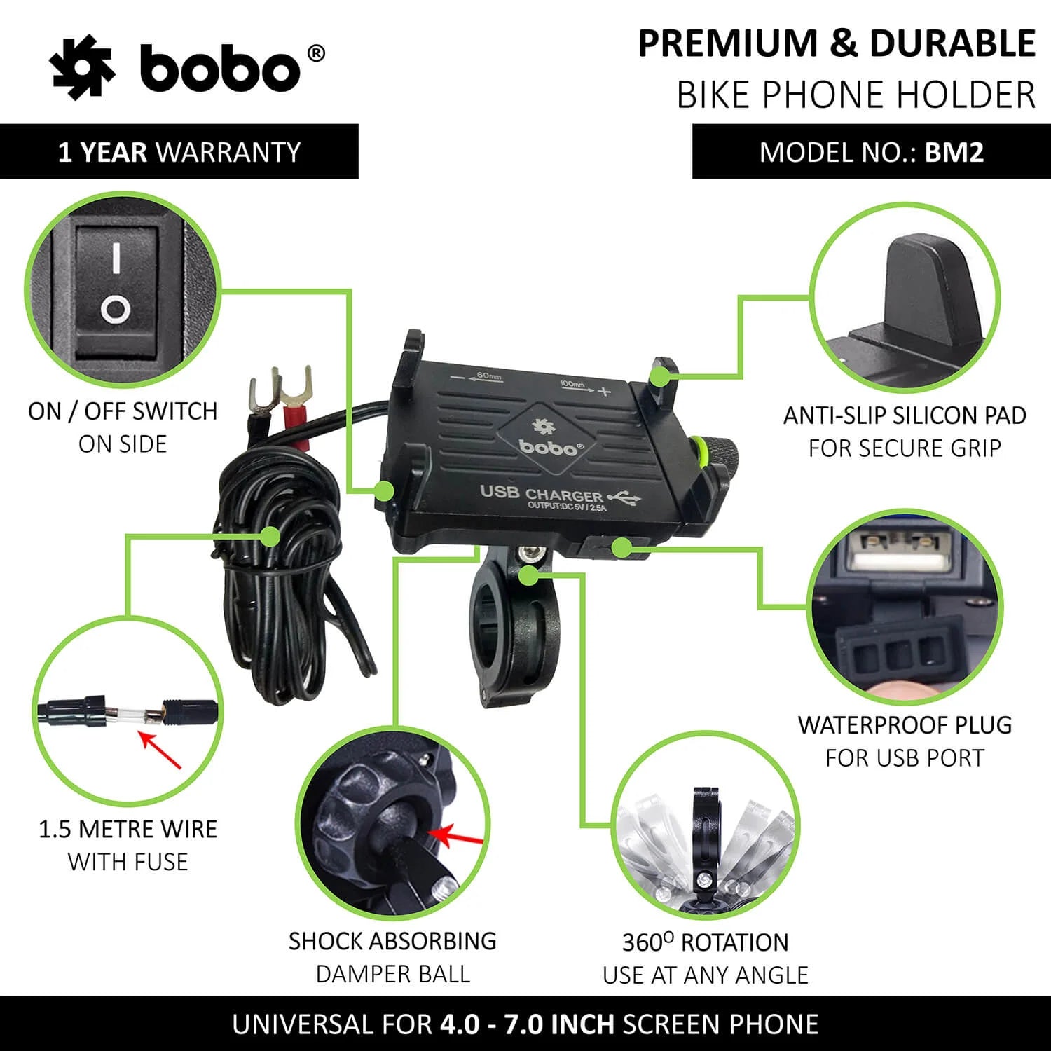 BOBO BM2 Aluminium Phone Holder with 2.5A USB charger