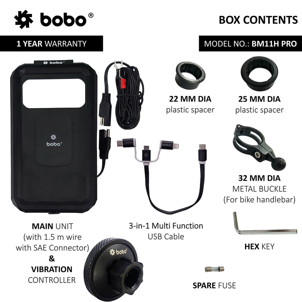 BOBO BM11H PRO Fully Waterproof Bike Phone Holder with Vibration Controller with Fast 15W Wireless & USB-C Charger