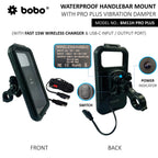 BOBO BM11H/M PRO PLUS Fully Waterproof Bike Phone Holder with PRO PLUS Vibration Damper with Fast 15W Wireless & USB-C Charger