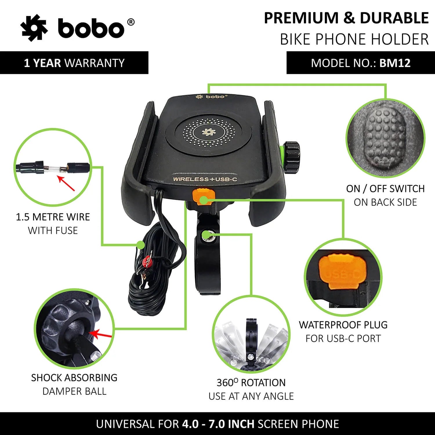 BOBO BM12 Bike Phone Holder with Fast 15W Wireless & USB-C Charger