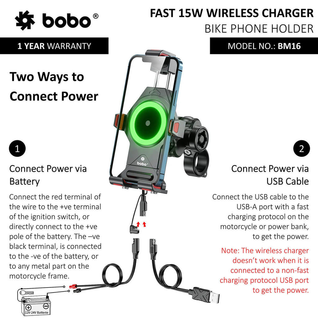 BOBO BM16 Anti-Vibration Metallic Bike Phone Holder with Fast 15W Wireless Charger