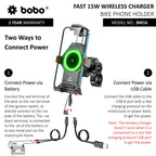 BOBO BM16 Anti-Vibration Metallic Bike Phone Holder with Fast 15W Wireless Charger