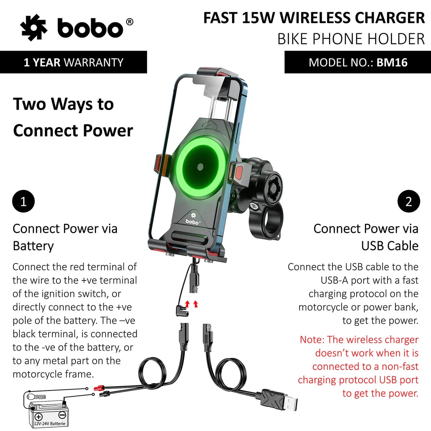 BOBO BM16 Anti-Vibration Metallic Bike Phone Holder with Fast 15W Wireless Charger