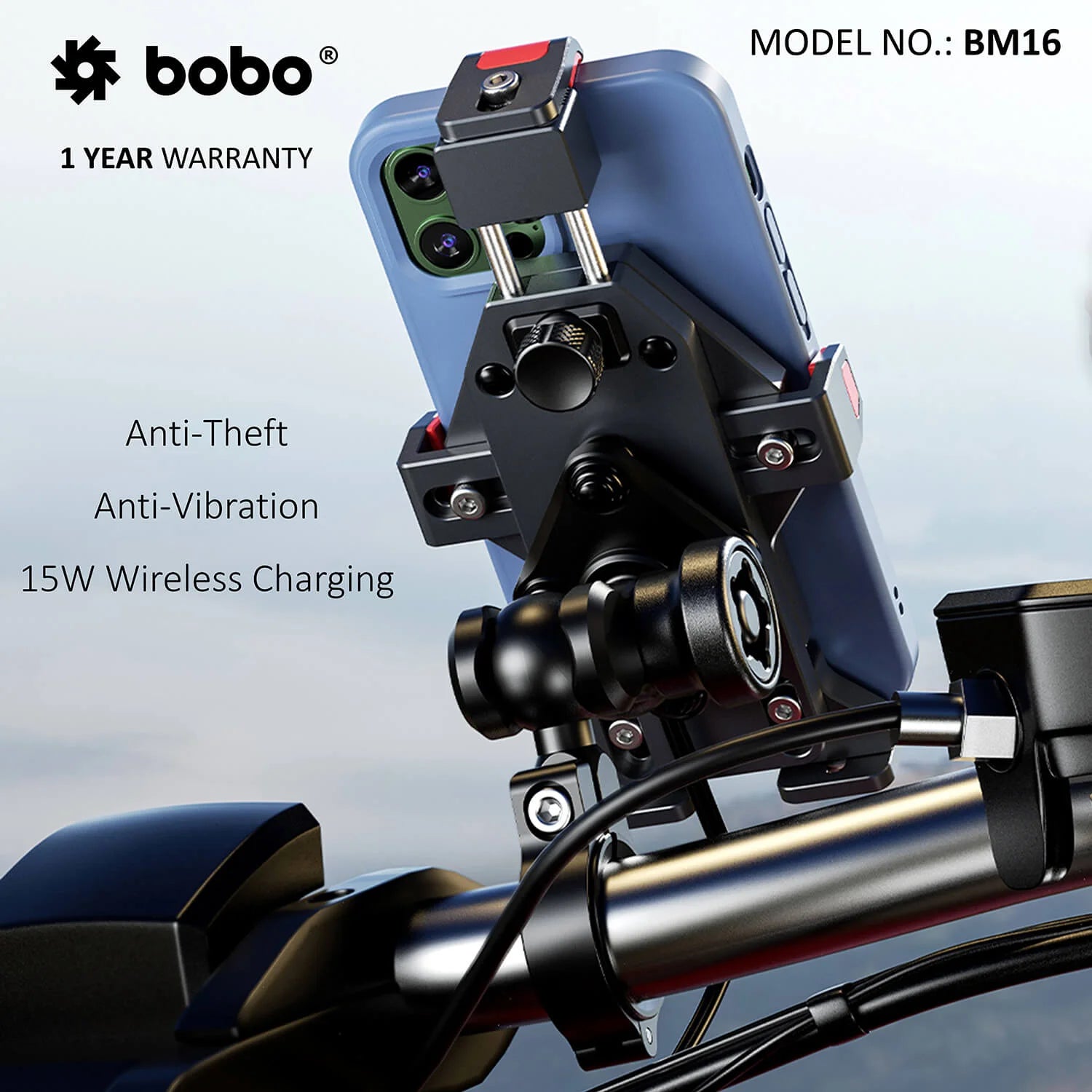 BOBO BM16 Anti-Vibration Metallic Bike Phone Holder with Fast 15W Wireless Charger