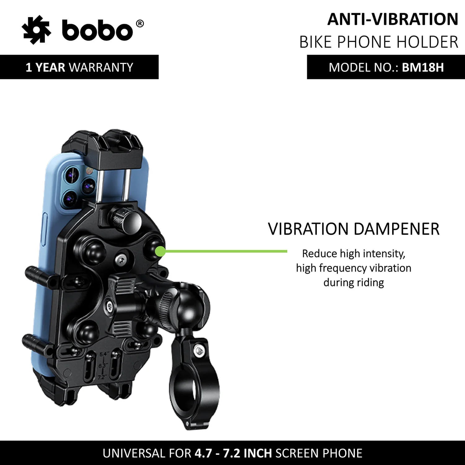 BOBO BM18H/M PRO Anti-Vibration Mount with 15W Wireless Charger & USB-C Charging