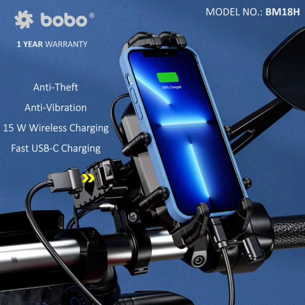 BOBO BM18H/M PRO Anti-Vibration Mount with 15W Wireless Charger & USB-C Charging