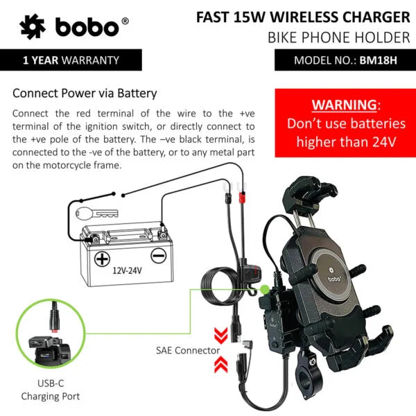 BOBO BM18H/M PRO Anti-Vibration Mount with 15W Wireless Charger & USB-C Charging
