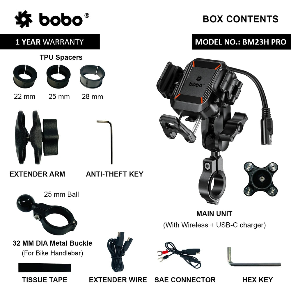 BOBO BM23H/M PRO Phone Holder with Wireless & 36W USB-C Charging and Anti Vibration