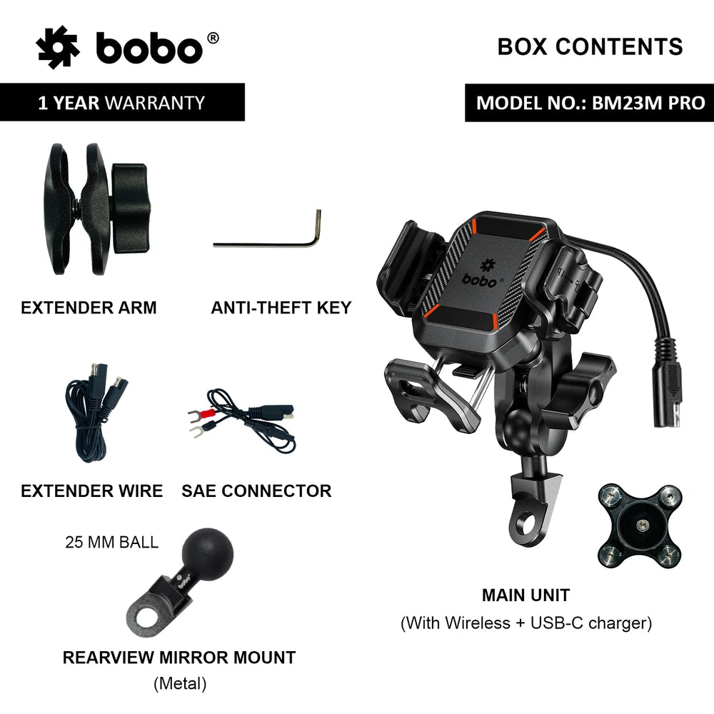 BOBO BM23H/M PRO Phone Holder with Wireless & 36W USB-C Charging and Anti Vibration