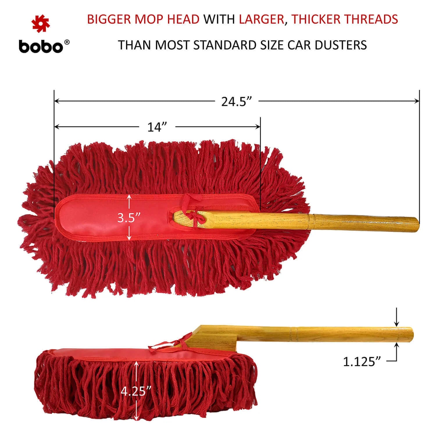 BOBO Car Duster – Premium Wax Treated Strands With Durable Solid Wood Handle – Includes Storage Cover