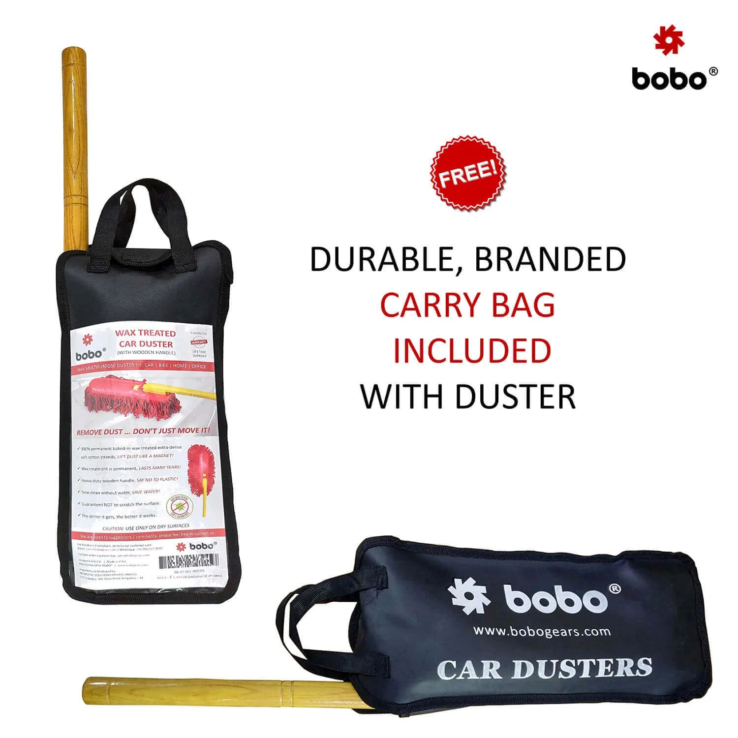 BOBO Car Duster – Premium Wax Treated Strands With Durable Solid Wood Handle – Includes Storage Cover