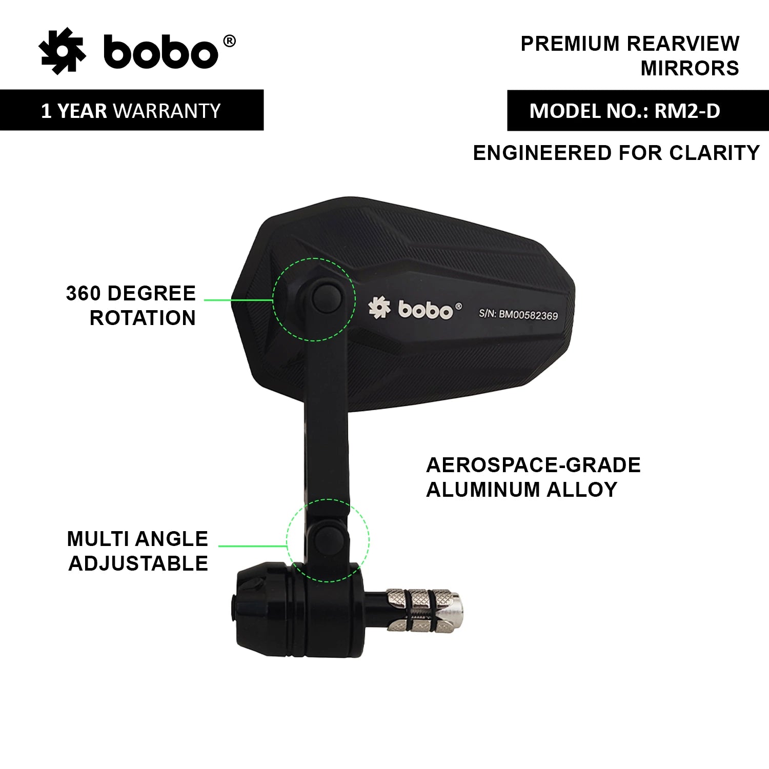 BOBO RM2-D Anti-Glare, Anti-Fog Bike Bar End Mirror
